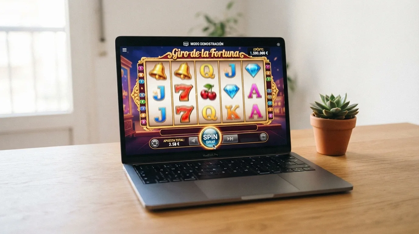 Una interfaz de slot online con el cursor sobre el botón de giro, mostrando en pantalla el contador de créditos ficticios y el mensaje «modo demostración» en la barra superior