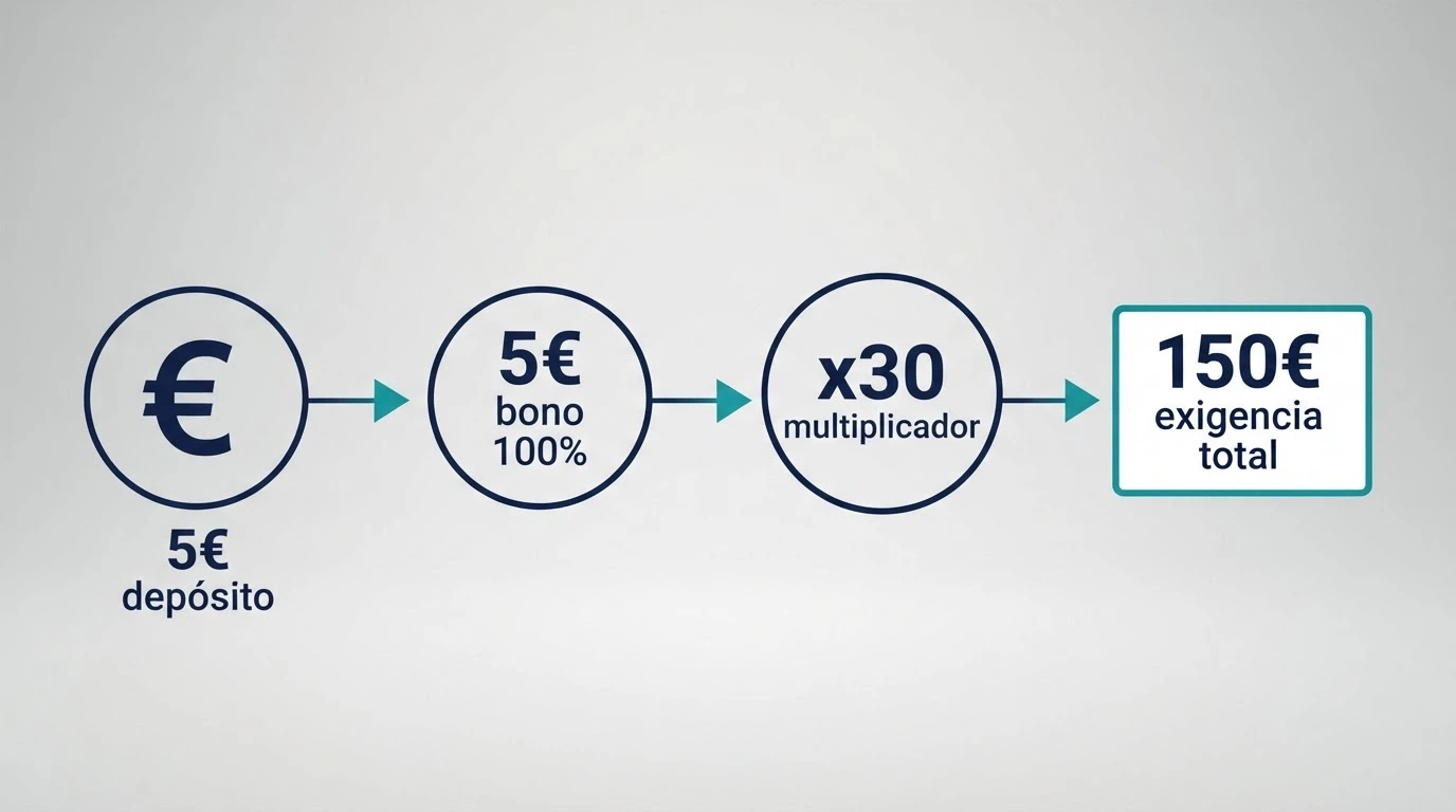 Infografía con el recorrido de un bono: depósito de 5€, bono de 5€, multiplicador x30, exigencia total de 150€ en apuestas
