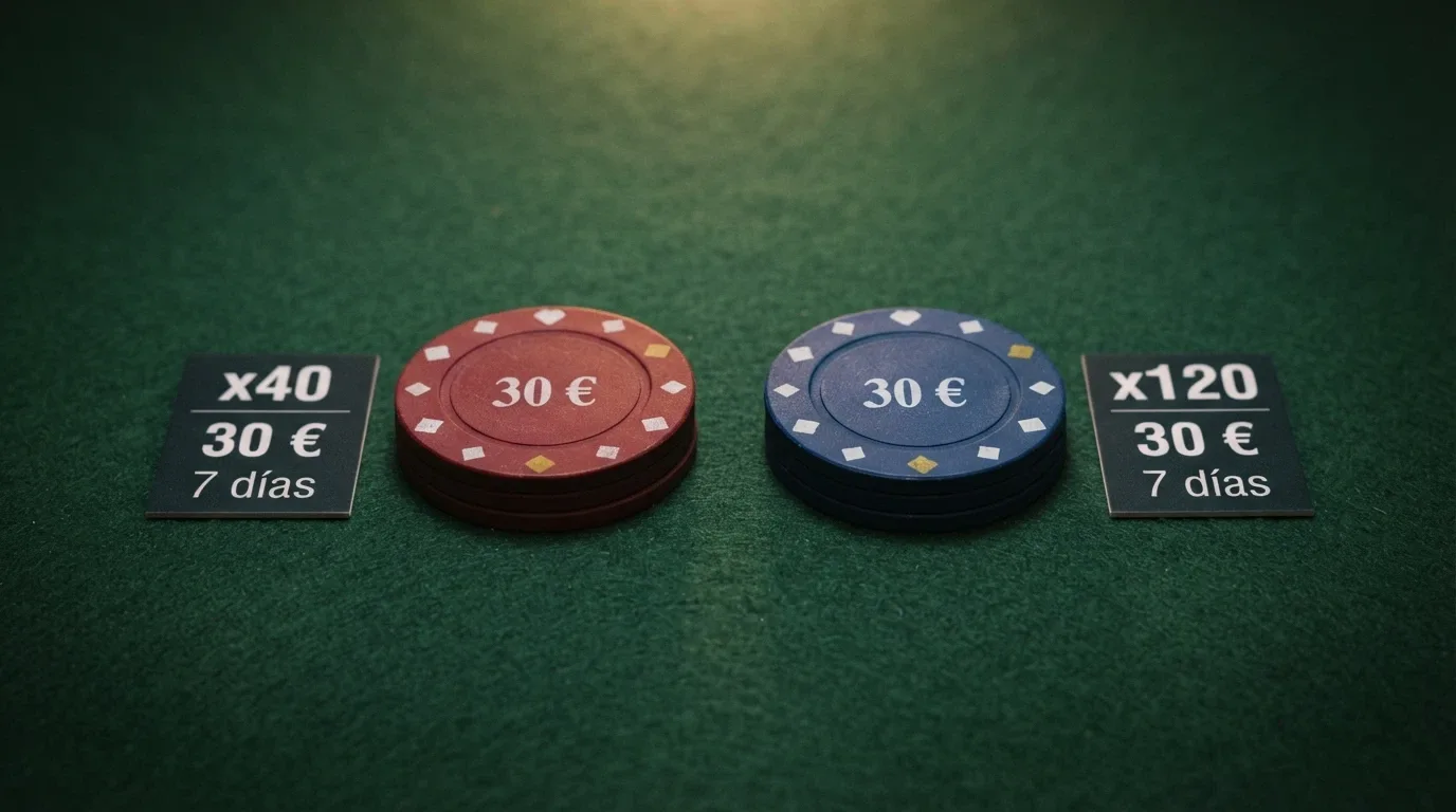 Dos fichas de bono de casino online superpuestas con sus cifras clave (rollover, importe, validez) contrastadas
