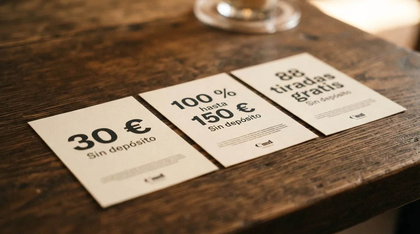 Tres tarjetas de regalo con los importes «30€ sin depósito», «100% hasta 150€» y «88 tiradas gratis» alineadas sobre una mesa, cada una con su letra pequeña visible