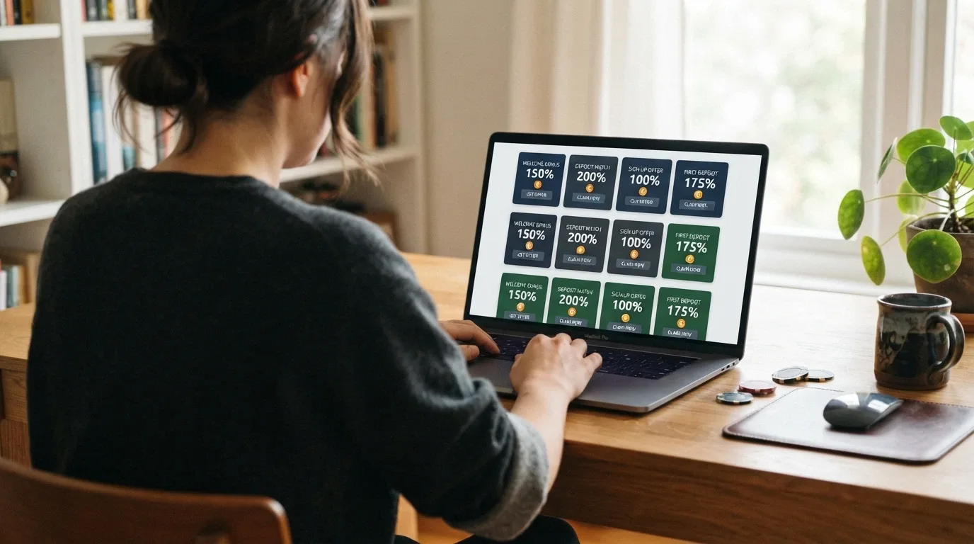Pantalla dividida con las fichas de varios casinos online mostrando sus logos, bonos de bienvenida y símbolos de criptomonedas aceptadas