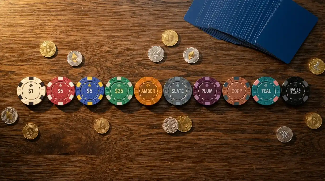 Diez tarjetas de casino alineadas con puntuaciones y logos de criptomonedas en la parte superior