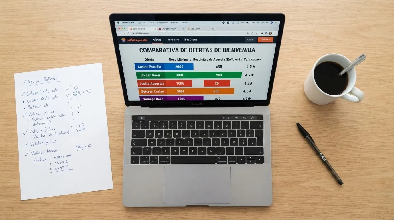 Tabla con los logotipos de los diez casinos online comparados, ordenados por tipo de bono de bienvenida