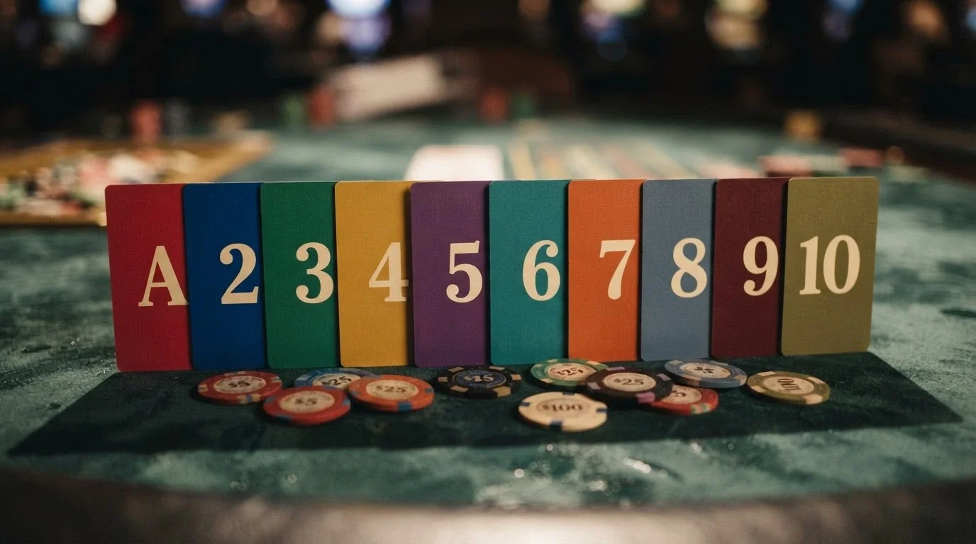 Diez cartas de casino alineadas en fila, cada una con el nombre de un operador y un color distinto, sobre una mesa de juego