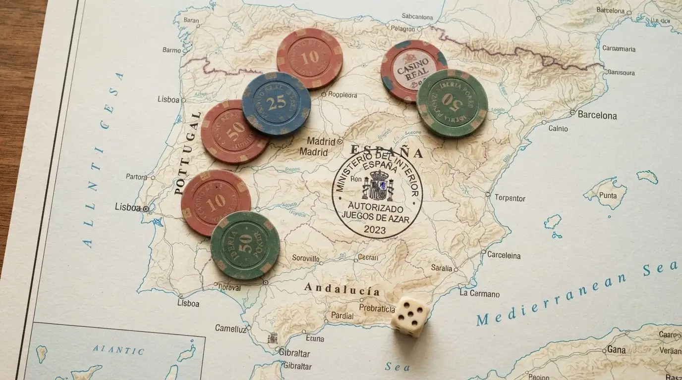 Captura o montaje que representa varias fichas de casino sobre un mapa de España con el sello DGOJ visible