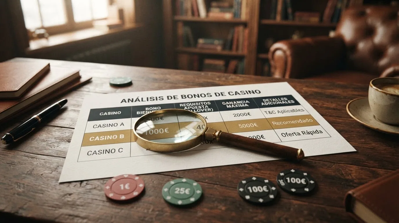 Una tabla comparativa con los logotipos de diez casinos online y columnas de bono, rollover y ganancia máxima, con una lupa sobre la fila central