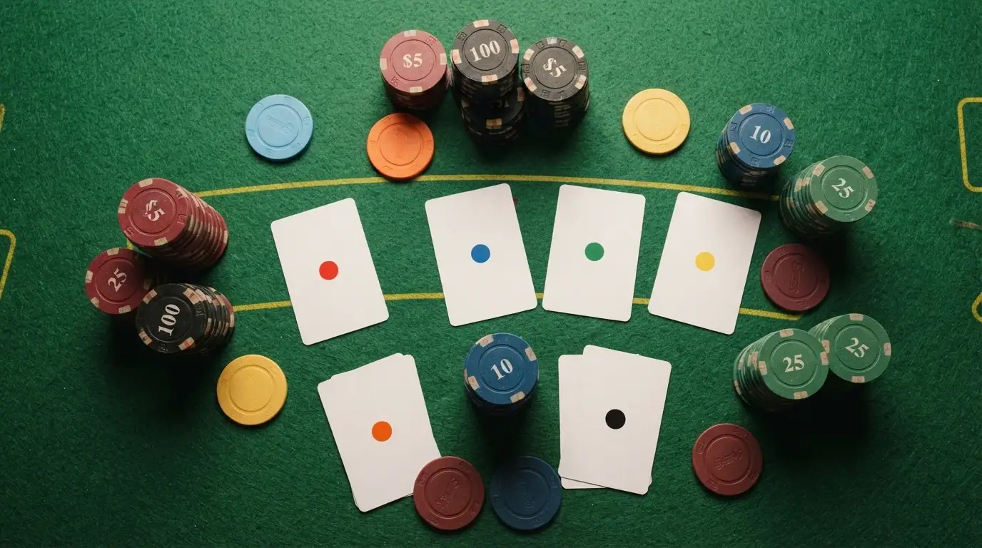 Una tabla comparativa con fichas de casino y monedas de Tether alineadas en columnas sobre una superficie de fieltro verde