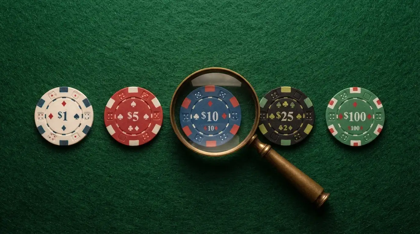 Vista cenital de una mesa con varias fichas de casino alineadas, cada una con el logotipo de un operador distinto, y una lupa sobre la que dice «sin depósito»