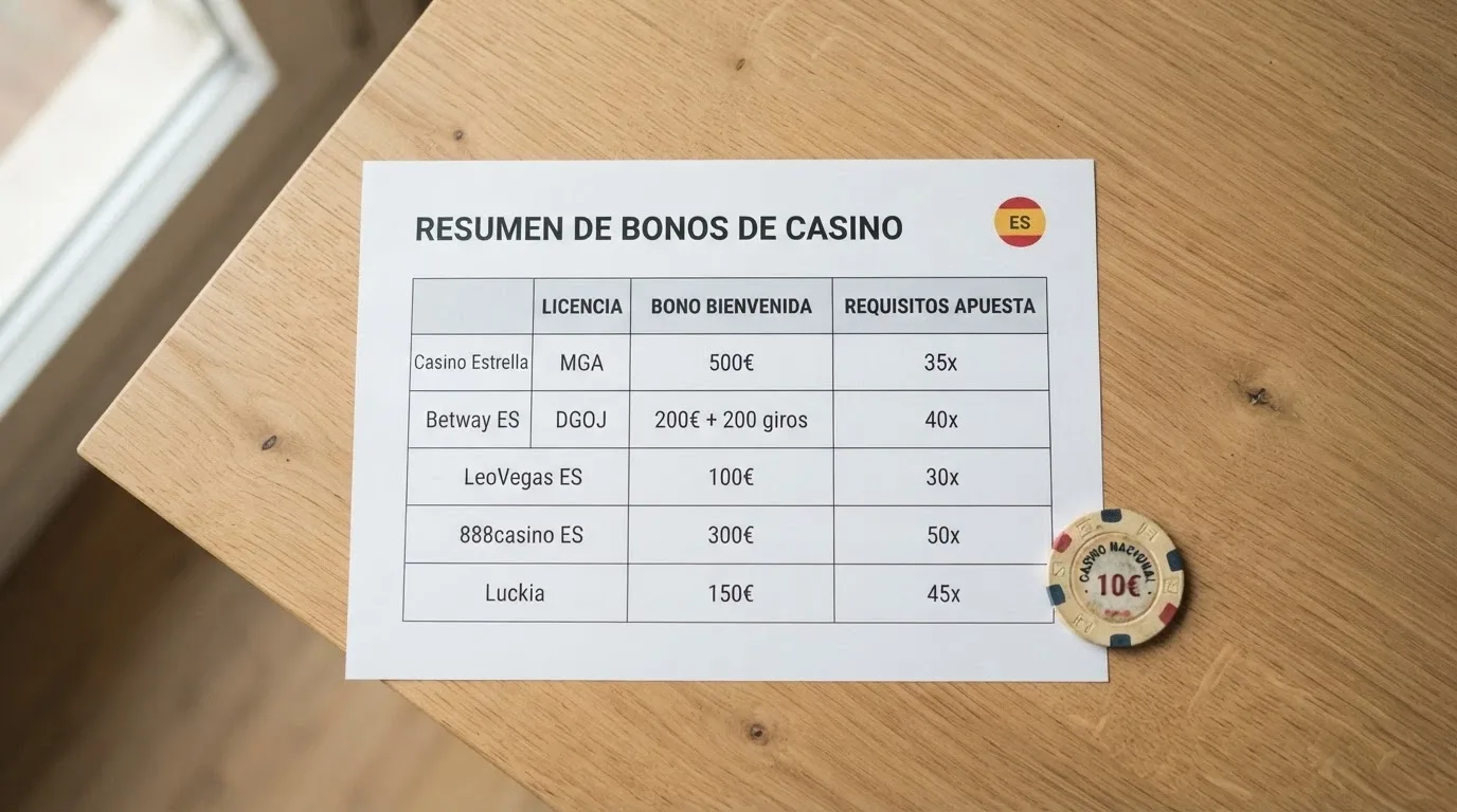 Tabla comparativa con los logotipos de los principales casinos que aceptan XRP, columnas de licencia, bono y wagering, y una bandera de España como referencia de mercado.
