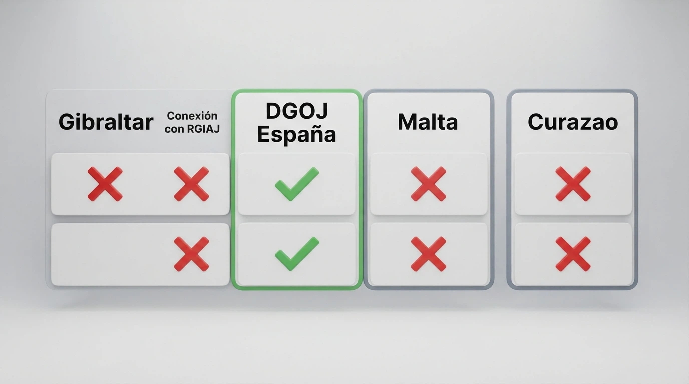 Tabla comparativa de cuatro jurisdicciones de juego: Gibraltar, DGOJ, Malta y Curazao