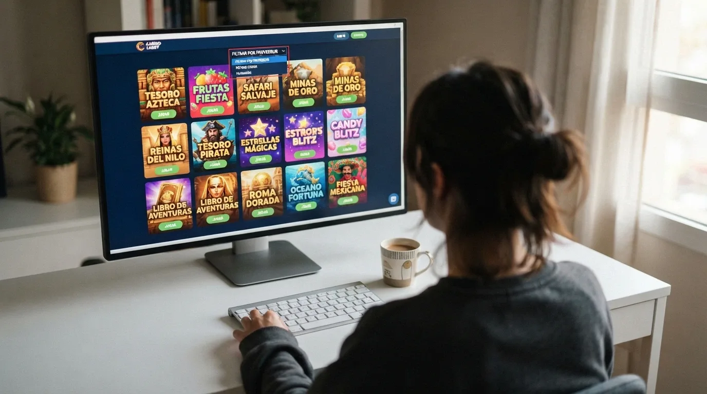Interfaz de casino online español con el lobby de slots y el filtro del proveedor Hacksaw Gaming visible