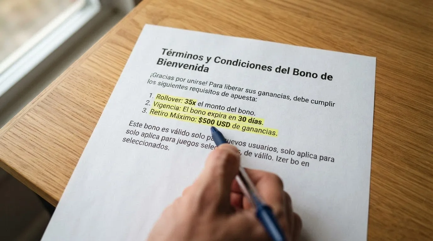 Primer plano de los términos de un bono de bienvenida con las cifras de rollover, validez y ganancia máxima subrayadas o resaltadas