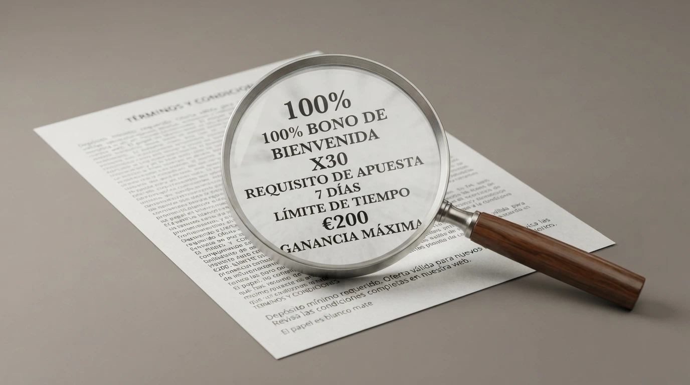 Una lupa sobre los términos de un bono de bienvenida de casino: porcentaje, cantidad máxima, rollover y vigencia resaltados