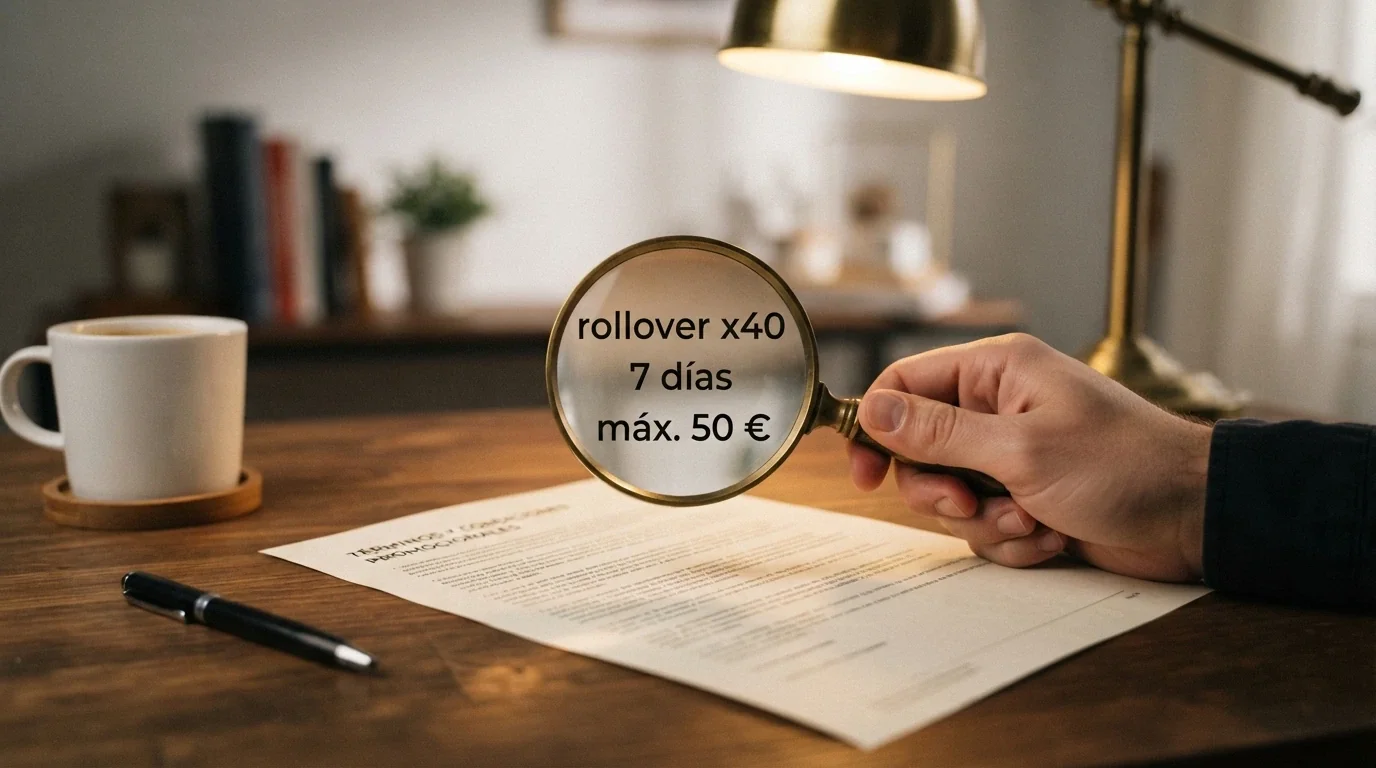Una mano sosteniendo una lupa sobre los términos de una promoción de casino, con las palabras «rollover x40», «7 días» y «máx. 50 €» ampliadas en el cristal