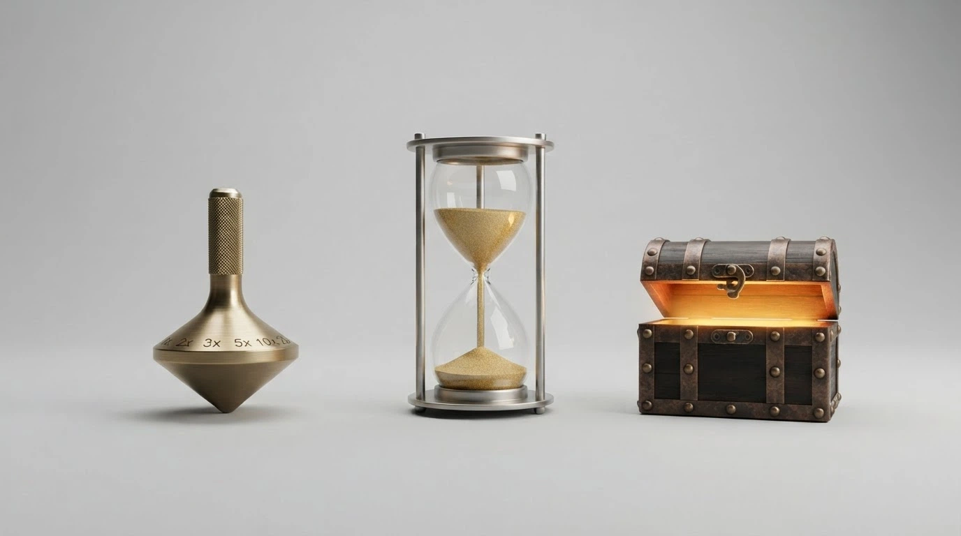 Representación visual de los tres elementos clave de una oferta: multiplicador de rollover, calendario de plazo y candado de ganancia máxima
