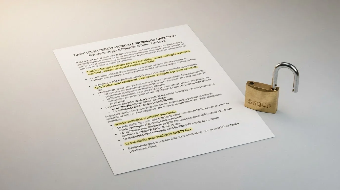 Un documento de términos y condiciones con líneas resaltadas junto a un candado abierto