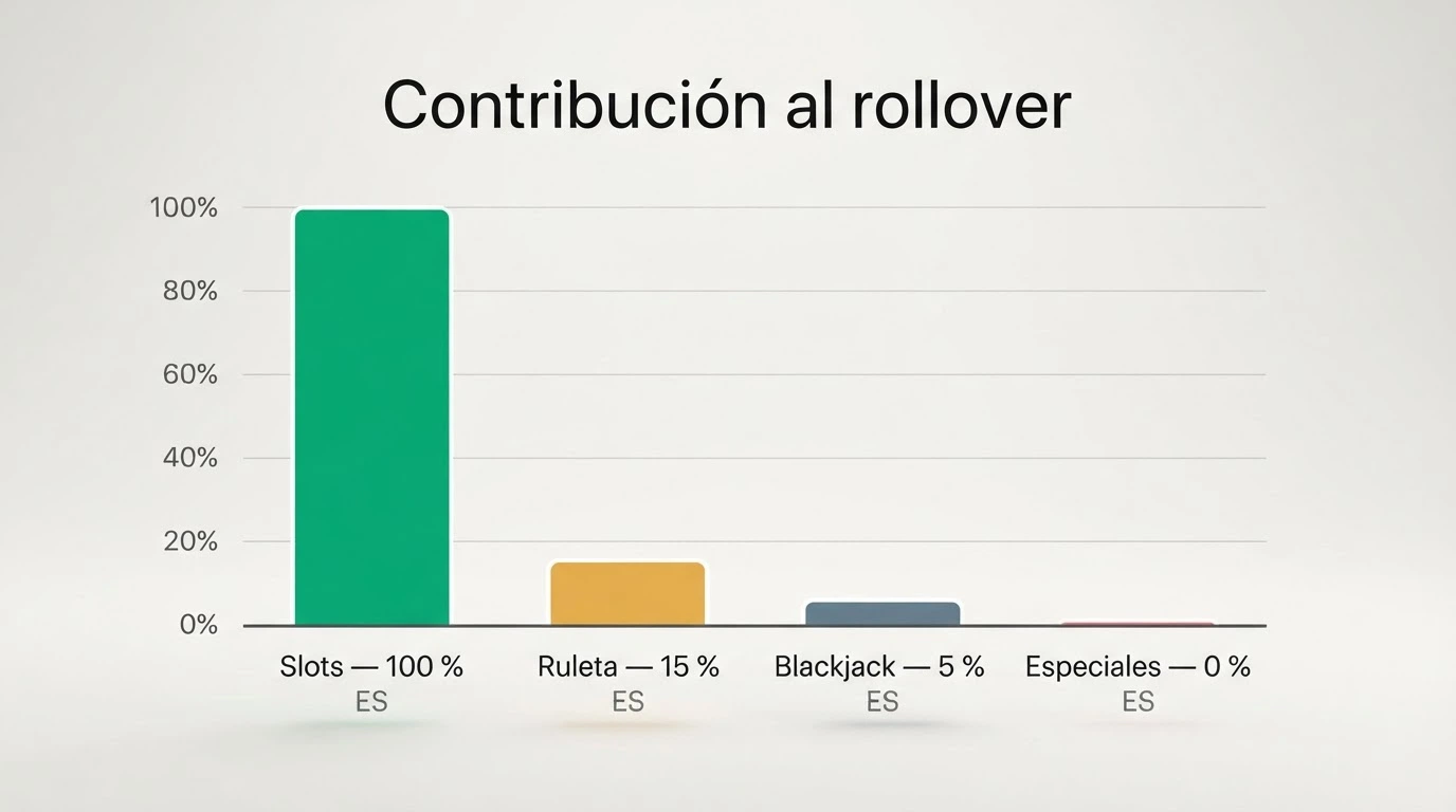 Gráfico de barras con el porcentaje de contribución al rollover de slots, ruleta y blackjack