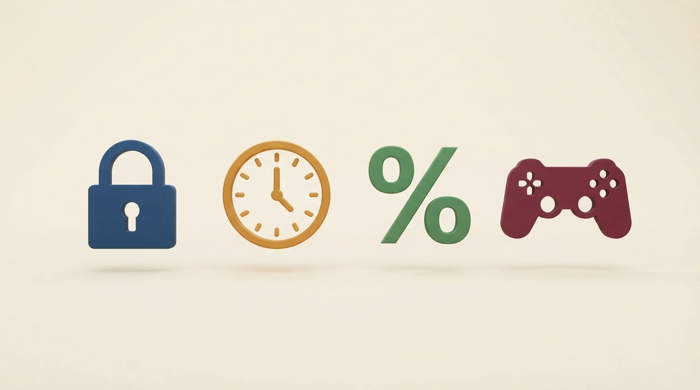 Una lista visual con iconos: un candado (licencia DGOJ), un reloj (velocidad de retiro), un porcentaje (condiciones del bono) y un mando de videoconsola (catálogo de juegos)