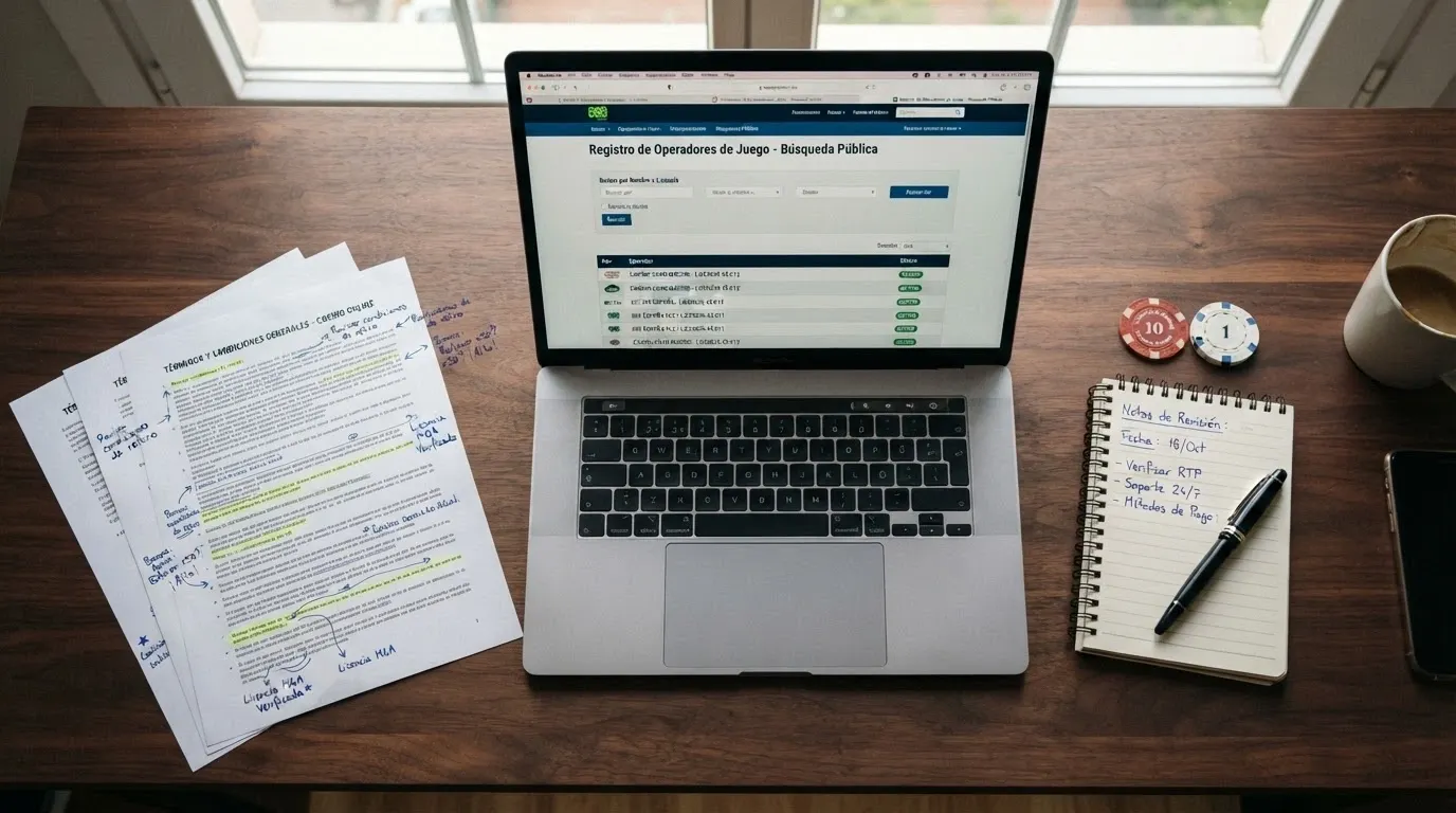 Documentos, pantallas de registros oficiales de licencias y notas de análisis sobre una mesa de trabajo, representando el proceso de revisión
