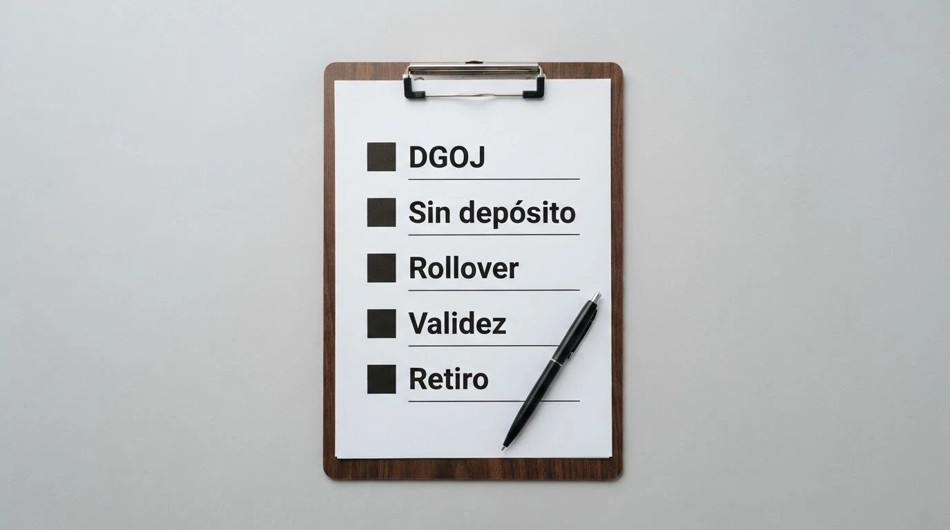 Lista de verificación con los criterios de evaluación marcados: licencia DGOJ activa, oferta sin depósito verificable, rollover, validez, retiro máximo