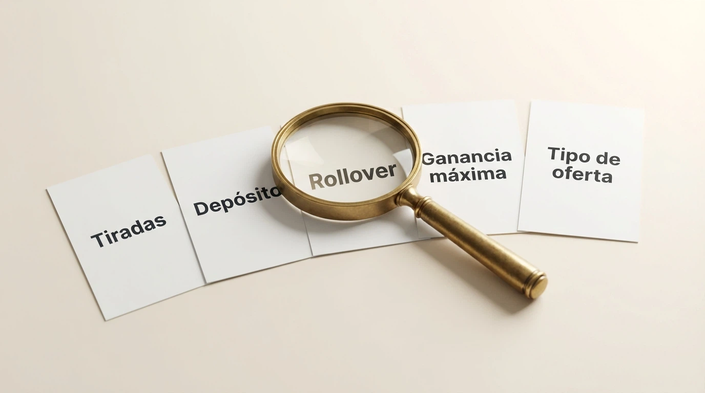 Una mesa de análisis con cinco criterios visibles — tiradas, depósito, rollover, ganancia máxima, tipo de oferta — y una lupa sobre ellos.