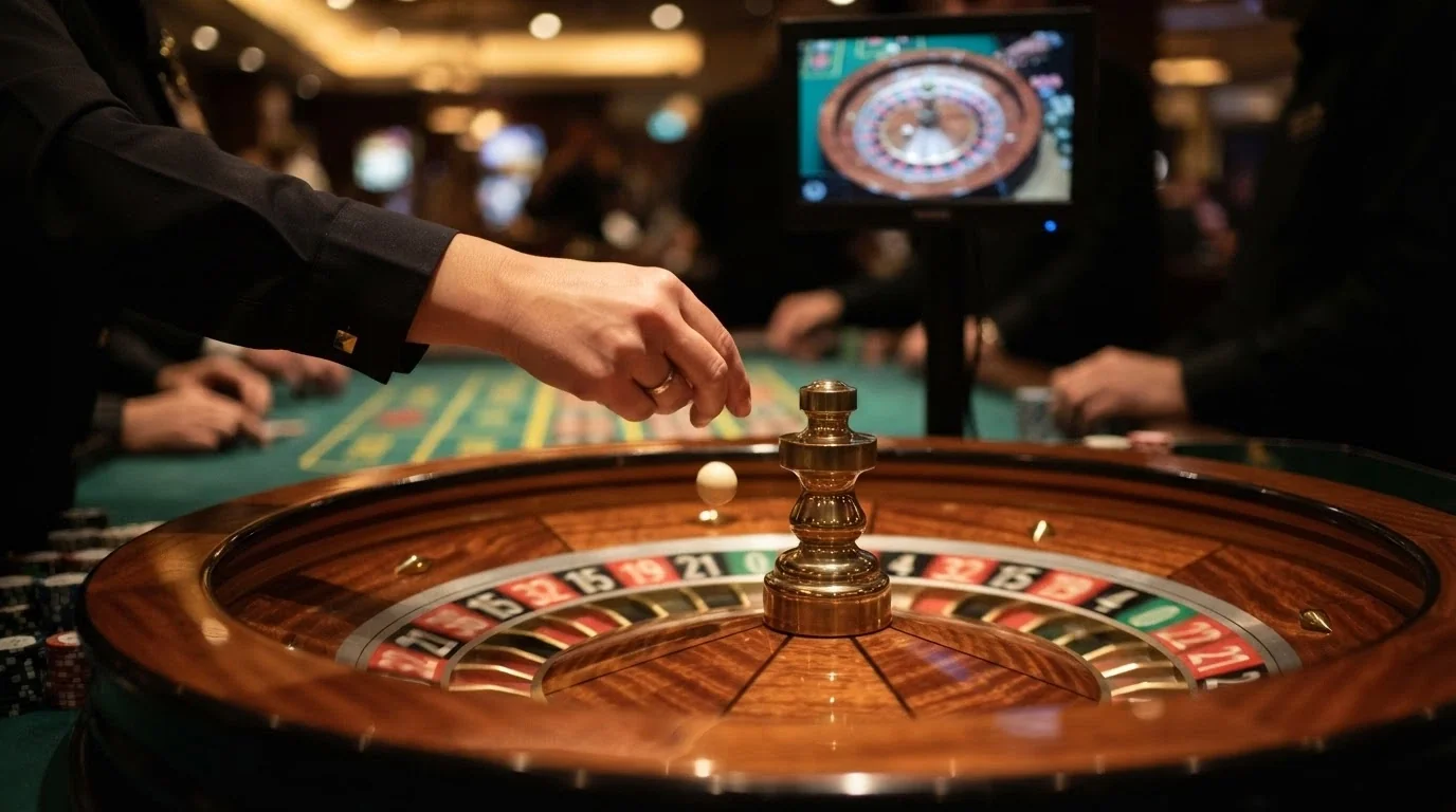 Primer plano de un crupier profesional colocando la bola en una ruleta en vivo, con el tablero de apuestas visible en pantalla