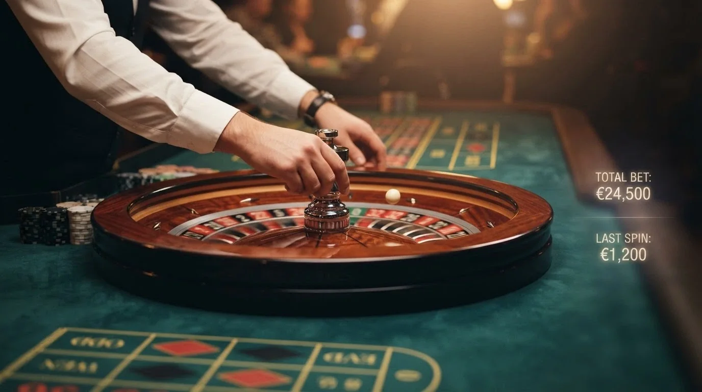 Primer plano de un crupier de Evolution girando la ruleta con la interfaz de apuestas visible en pantalla