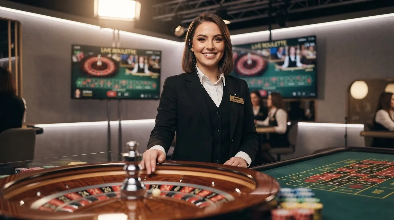 Crupier hispanohablante sonriendo ante una mesa de ruleta en un estudio de casino en vivo, con el logotipo del estudio visible al fondo