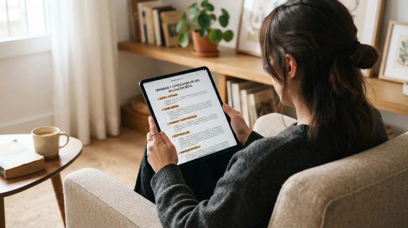 Jugador consultando en una tablet las condiciones de una oferta de bono sin depósito con expresión de estar evaluando la letra pequeña