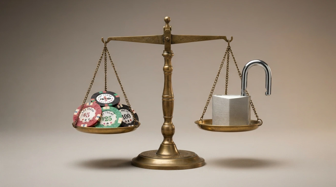 Una balanza con fichas de casino en un platillo y un candado abierto en el otro, simbolizando el equilibrio entre la oportunidad de jugar y el riesgo asumido