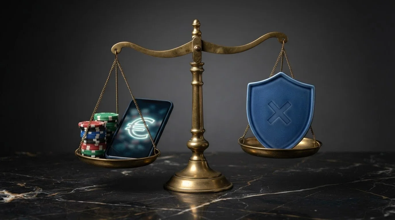 Una balanza conceptual: en un plato, criptomonedas y bonos generosos; en el otro, el escudo de la DGOJ tachado y un texto que indica «sin protección legal en España»
