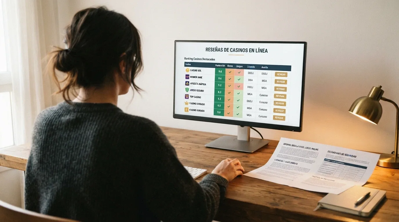 Jugador español frente a la pantalla comparando casinos online, con documentos regulatorios visibles en segundo plano