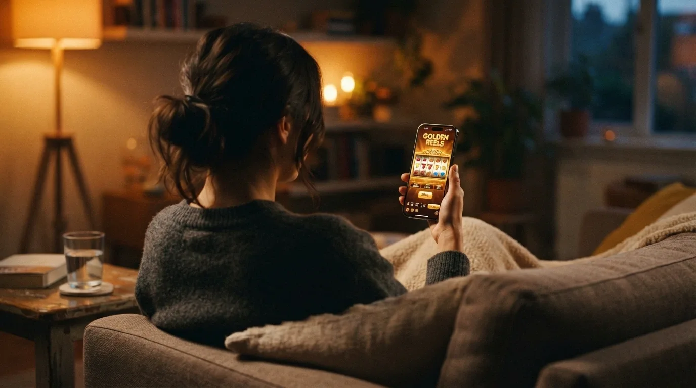 Manos sosteniendo un teléfono móvil con la pantalla de un casino online, en un entorno doméstico con luz cálida