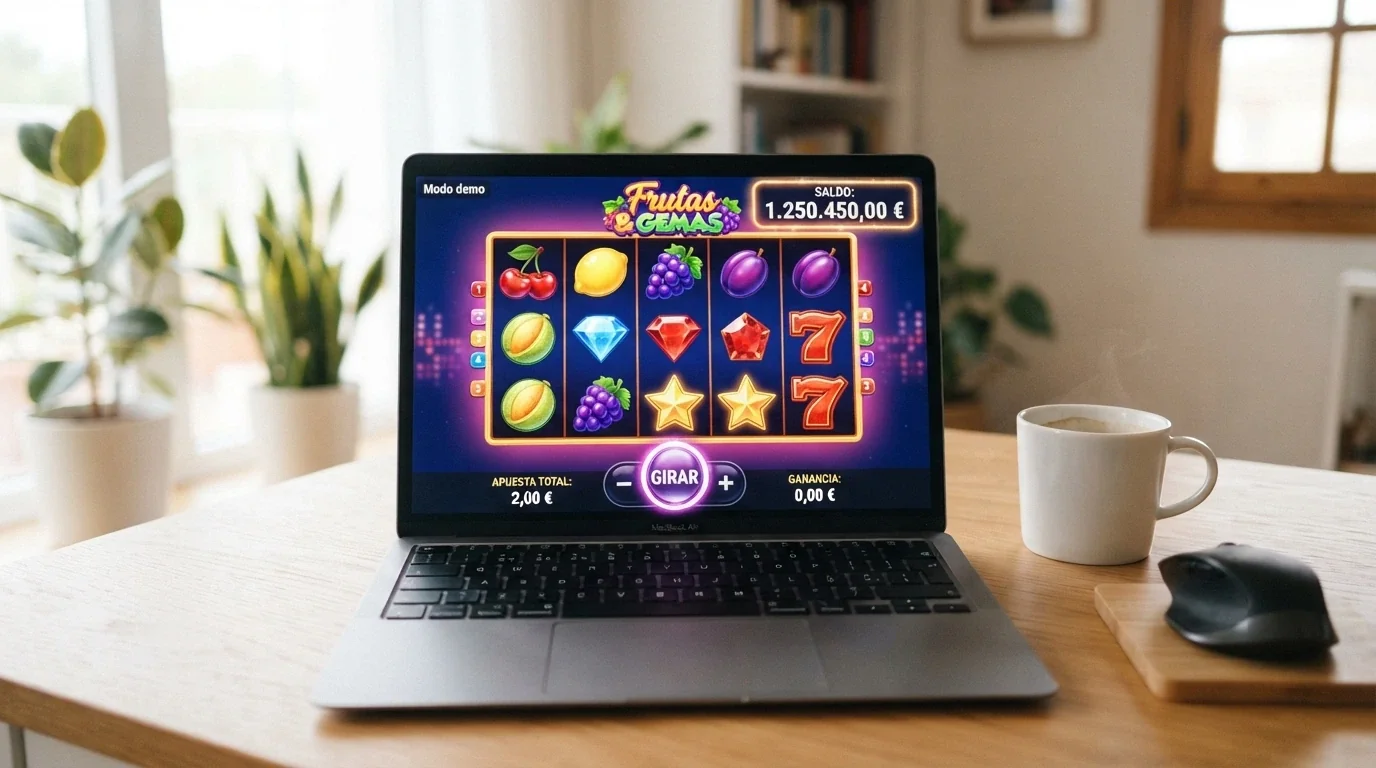 Interfaz del modo demo de una slot de Big Time Gaming con saldo ficticio y el botón de giro activo