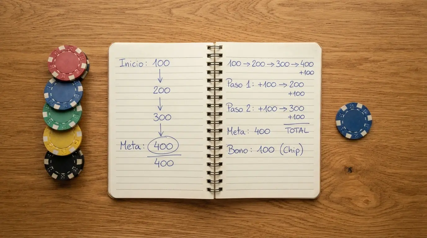 Una calculadora junto a billetes de 100 € y fichas de casino, ilustrando la suma de depósito más bonificación
