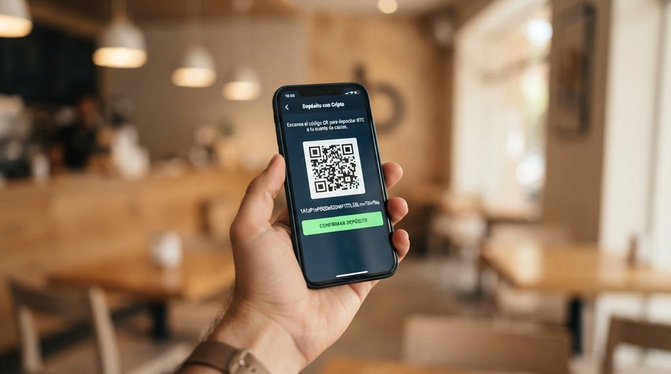 Pantalla de un casino online mostrando una dirección de wallet Bitcoin y un código QR para realizar un depósito en cripto sin pasar por un banco
