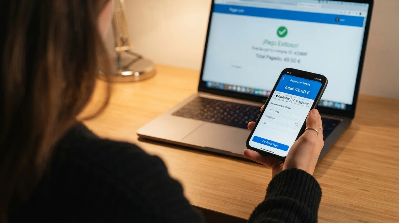 Una secuencia visual del proceso de depósito: el cajero del casino mostrando la opción de tarjeta Visa y el móvil acercándose para autorizar el pago por NFC