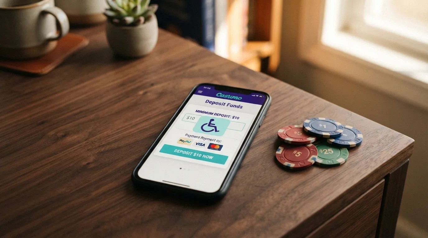 Monedas de Cardano (ADA) sobre una mesa junto a una pantalla que muestra el cajero de depósito de un casino online