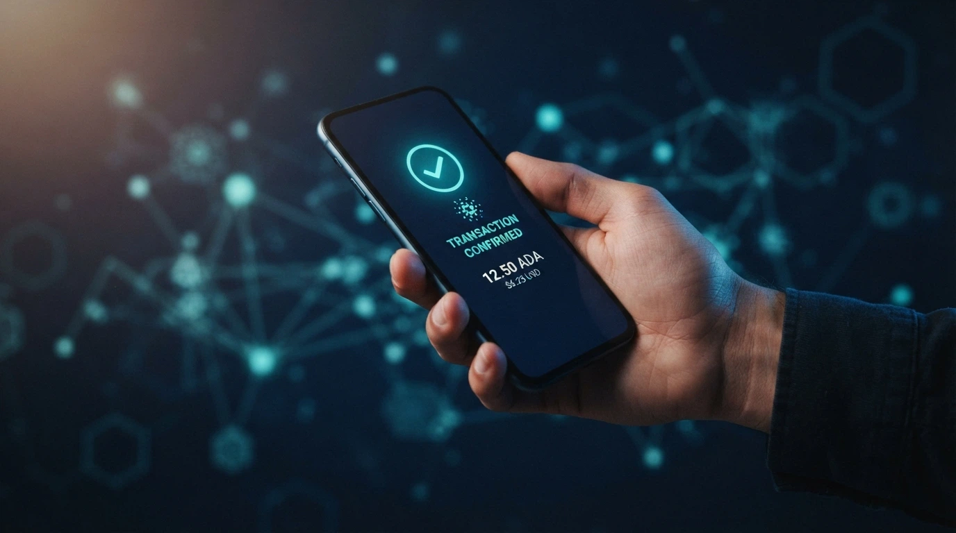 Cartera digital de criptomonedas en un teléfono mostrando una transacción de ADA confirmada en la blockchain de Cardano
