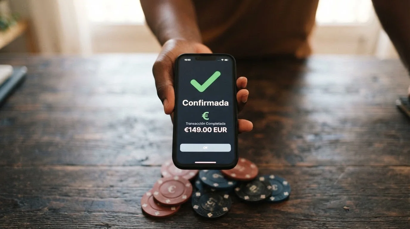 Pantalla de smartphone mostrando una transacción de Bitcoin Cash con el estado «confirmada» y el saldo reflejado en la cuenta de casino