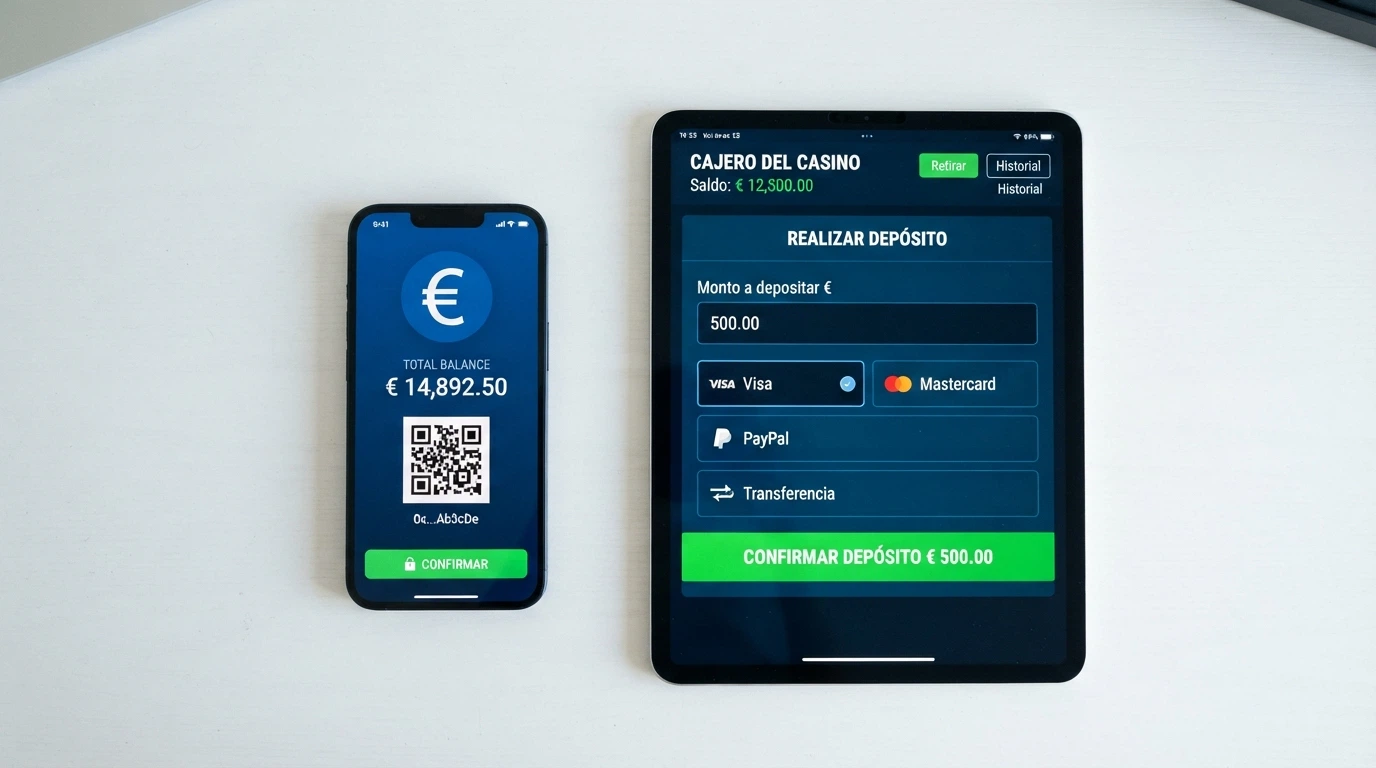 Pantalla dividida: wallet de criptomonedas a la izquierda mostrando una transacción TRC-20 y cajero de casino online a la derecha