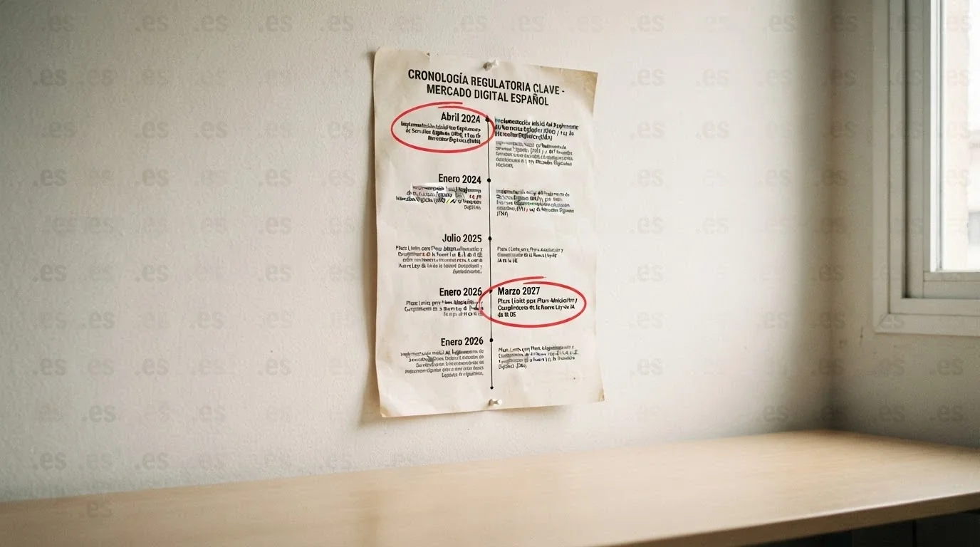 Un calendario con dos fechas marcadas —abril 2024 y marzo 2027— sobre un fondo con el dominio .es repetido en marca de agua