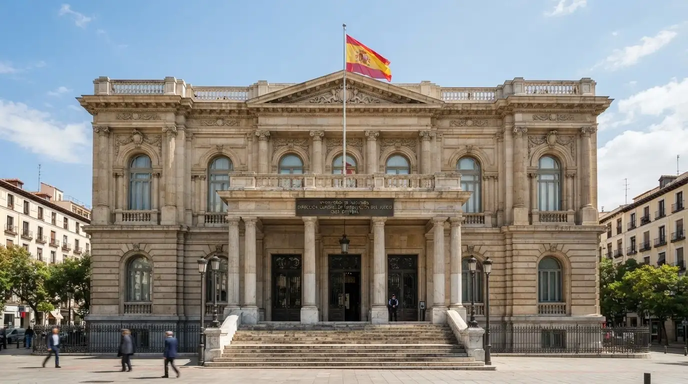 Edificio institucional de la Dirección General de Ordenación del Juego en Madrid, con la bandera española y el rótulo oficial visible