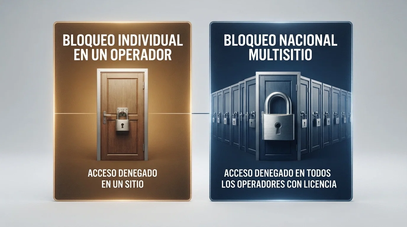 Diagrama comparativo con dos columnas que muestra el alcance de la autoexclusión del operador frente a la autoprohibición del RGIAJ