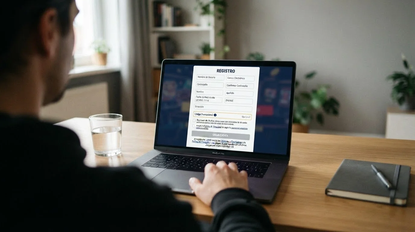 Primer plano de una pantalla de registro de casino online con el campo «código promocional» resaltado y el texto de términos y condiciones visible en la parte inferior