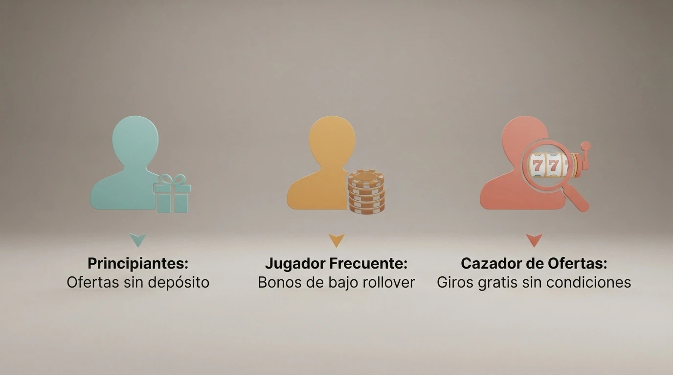Tres perfiles de jugador representados por iconos —un principiante, un jugador frecuente y un cazador de ofertas— cada uno con una oferta distinta señalada