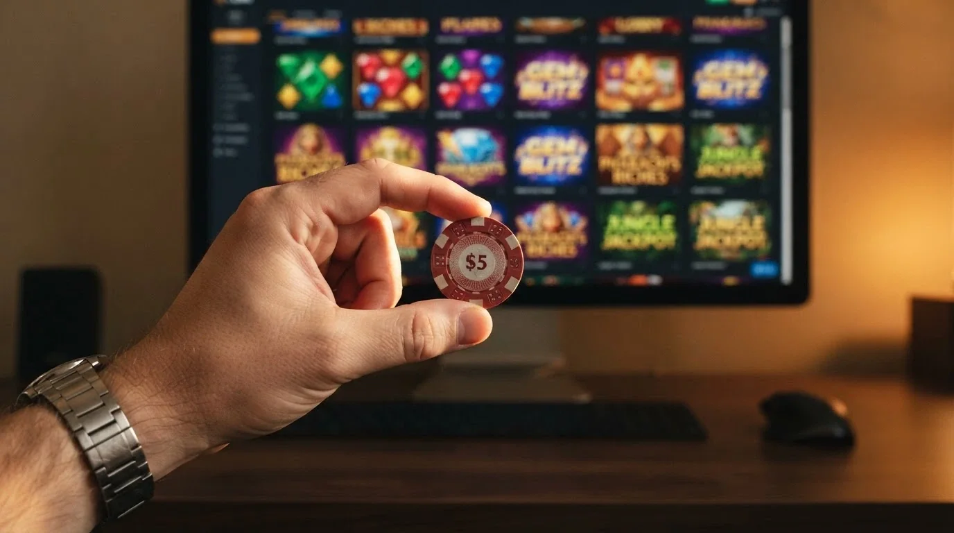 Un primer plano de una mano que sostiene una moneda de 1 euro frente a la pantalla de un ordenador donde se ve el vestíbulo de un casino online con las miniaturas de las tragaperras