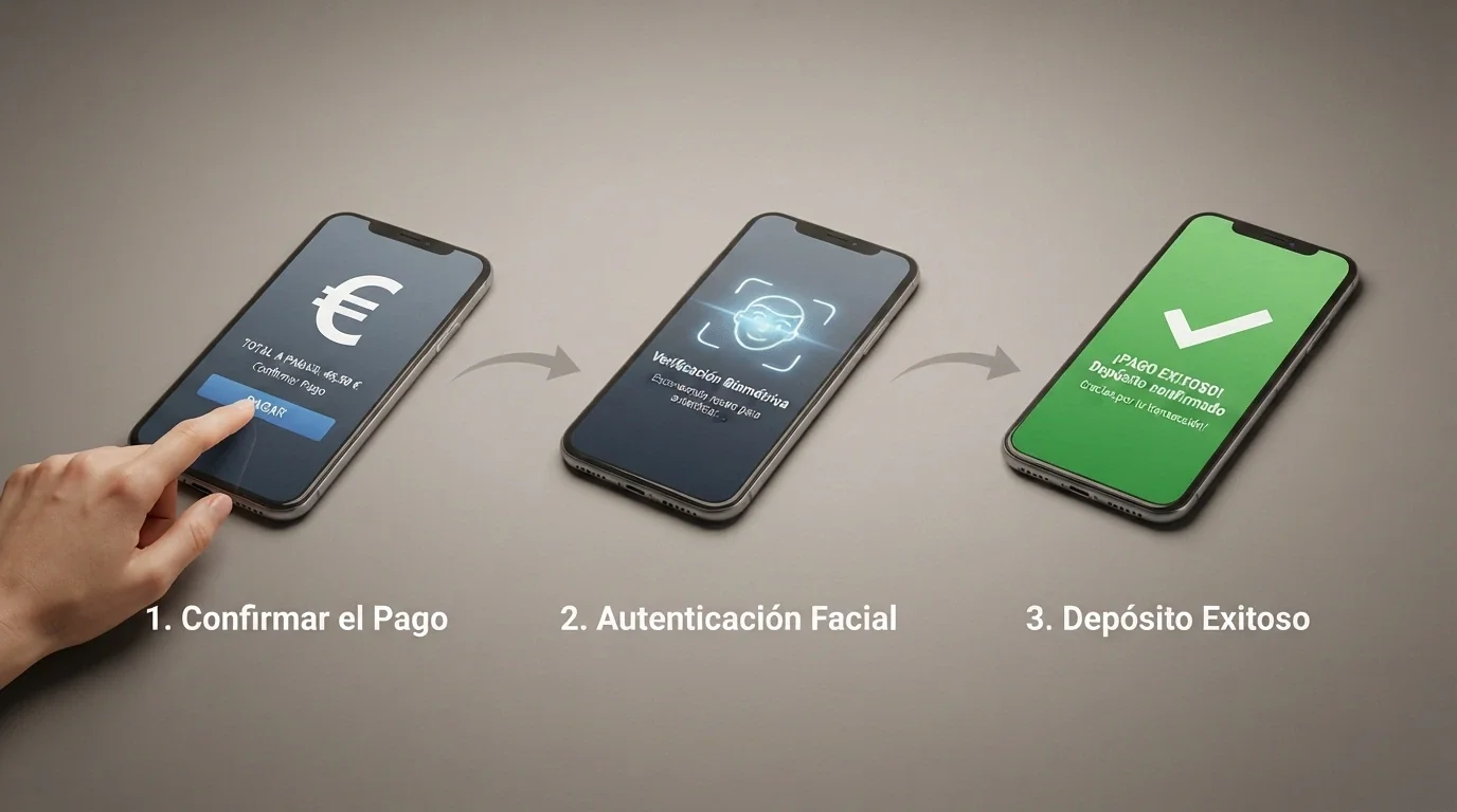 Infografía de tres pasos: selección de Apple Pay en el cajero del casino, autenticación biométrica en el iPhone, confirmación del saldo en pantalla