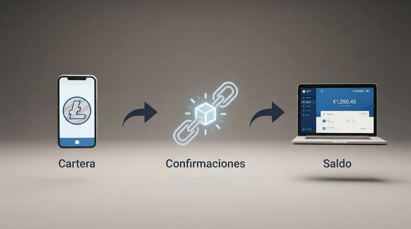 Esquema visual del recorrido de un depósito en Litecoin: cartera personal, confirmaciones en la cadena, saldo acreditado en el casino