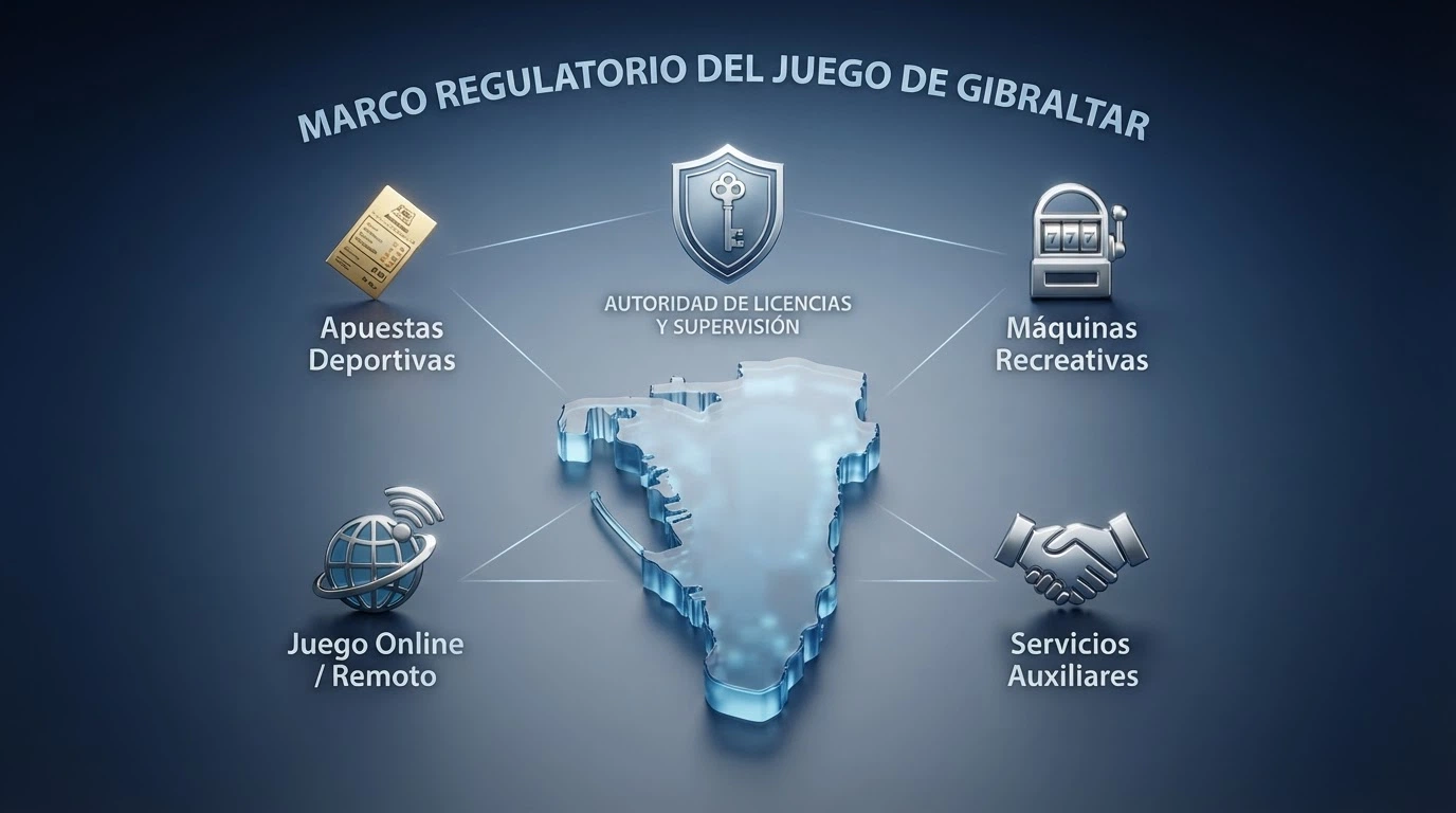Mapa regulatorio de Gibraltar con los cuatro tipos de licencia de juego y la Licensing Authority